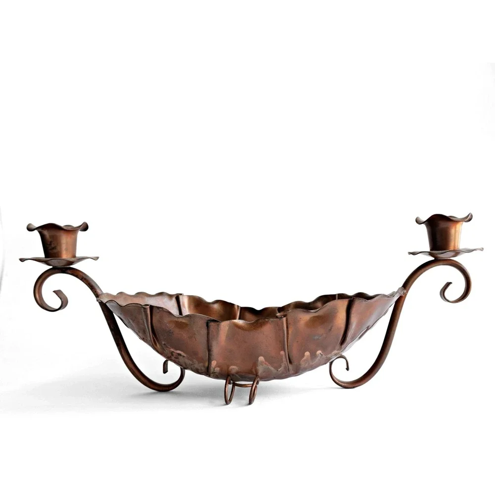 Vintage Gregorian Copper Centerpiece Bowl Candle Holder Set Cottagecore Rustic